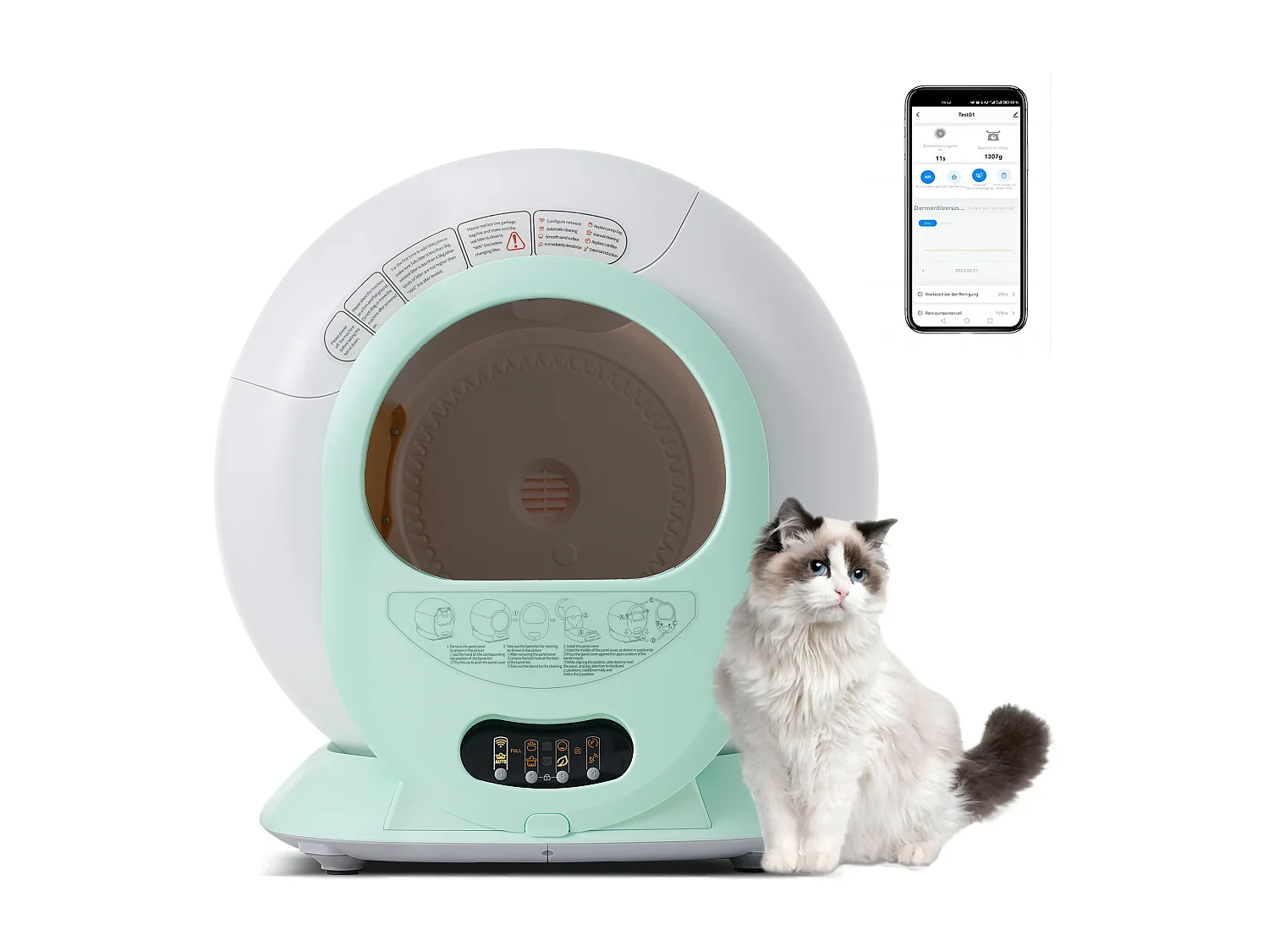 Bac à litière adaptatif autonettoyant pour chat de 65 L - capteur infrarouge, élimine les odeurs, contrôlé par application - Gris