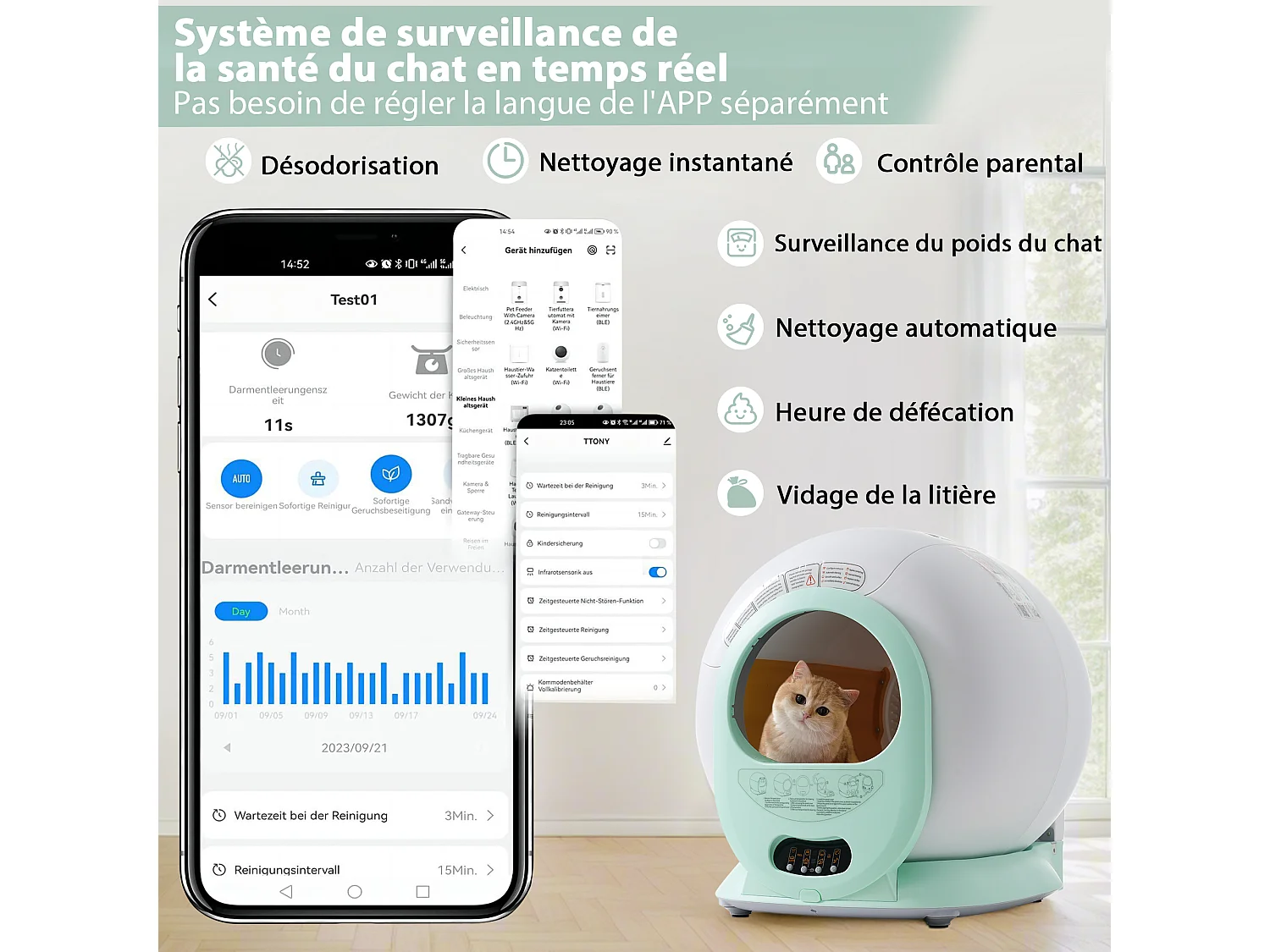 Bac à litière adaptatif autonettoyant pour chat de 65 L - capteur infrarouge, élimine les odeurs, contrôlé par application - Gris