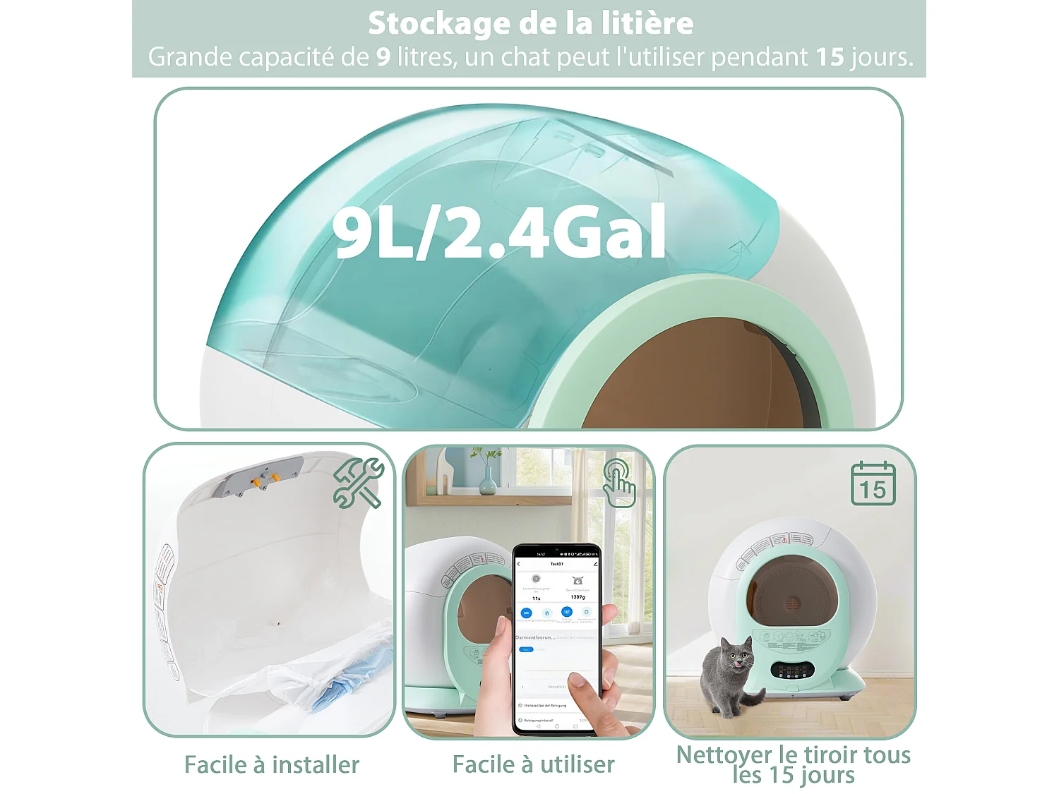 Bac à litière adaptatif autonettoyant pour chat de 65 L - capteur infrarouge, élimine les odeurs, contrôlé par application - Gris