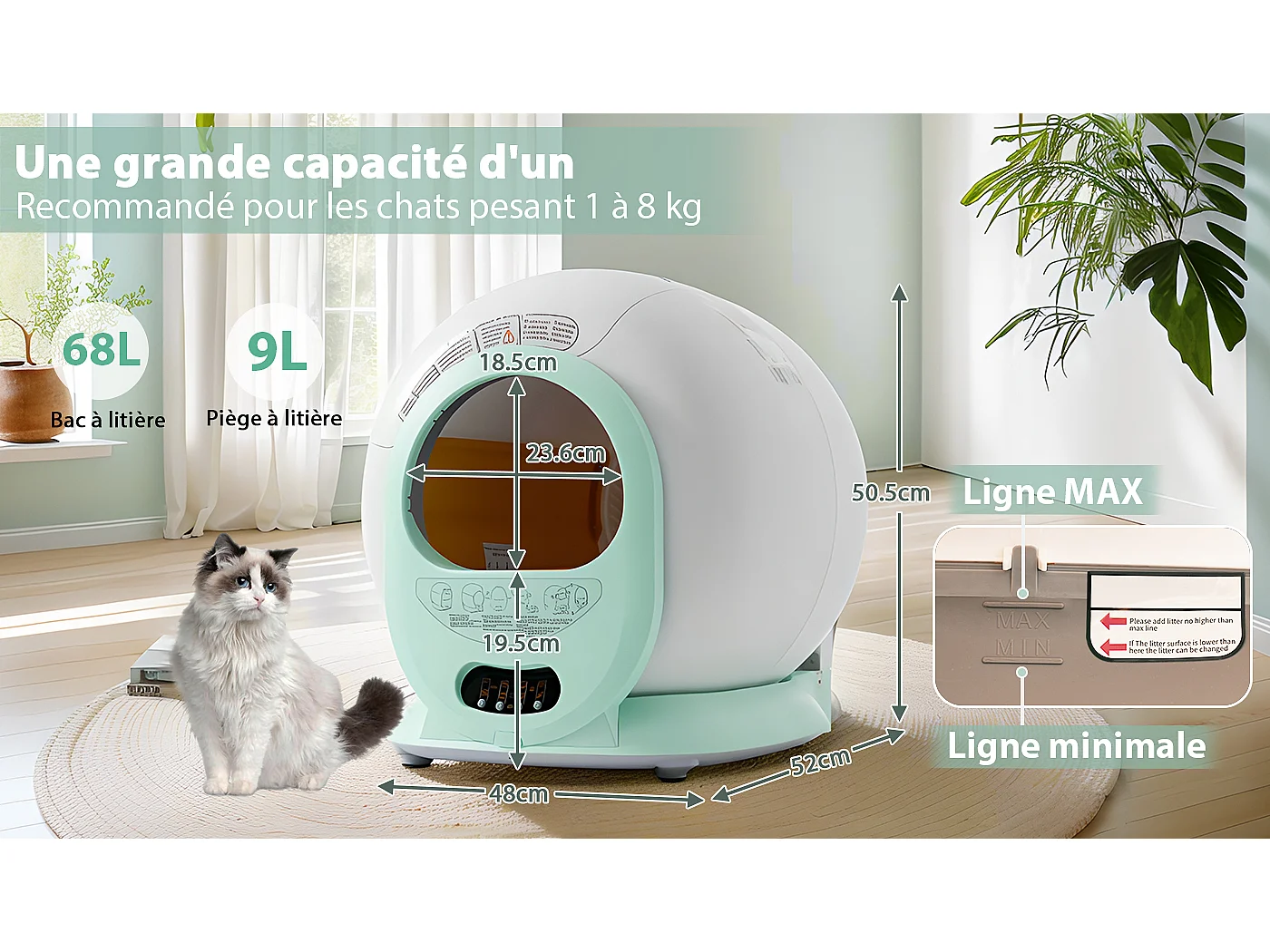 Bac à litière adaptatif autonettoyant pour chat de 65 L - capteur infrarouge, élimine les odeurs, contrôlé par application - Gris