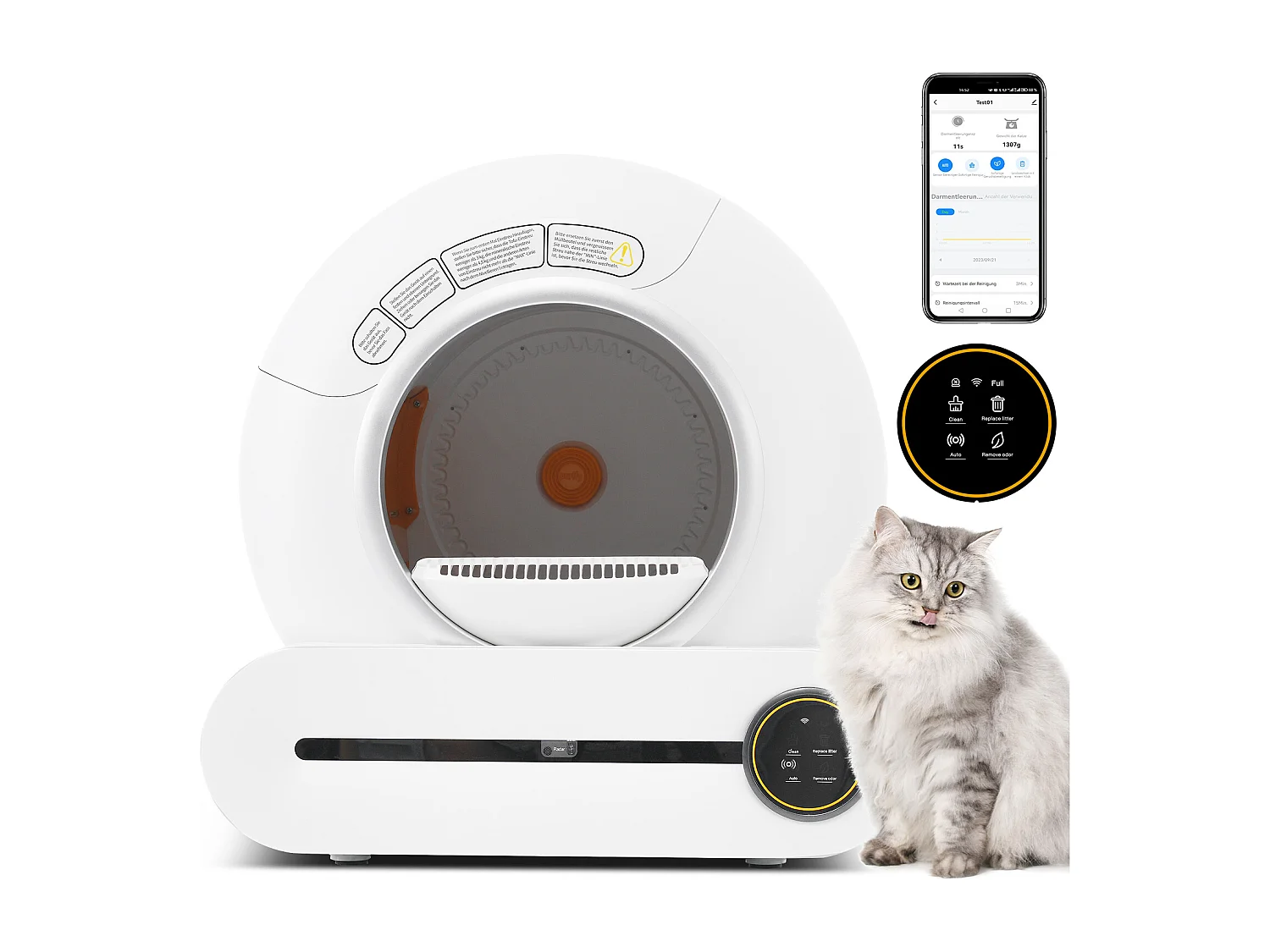 Bac à litière adaptatif autonettoyant pour chat de 65 L Capteur infrarouge, élimine les odeurs, contrôlé par application - Blanc