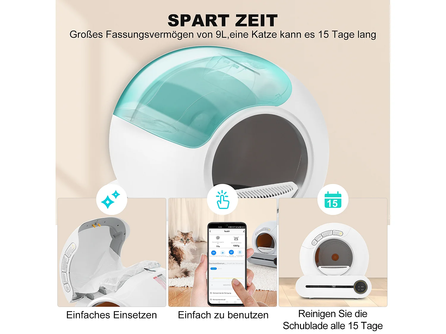 Bac à litière adaptatif autonettoyant pour chat de 65 L Capteur infrarouge, élimine les odeurs, contrôlé par application - Blanc