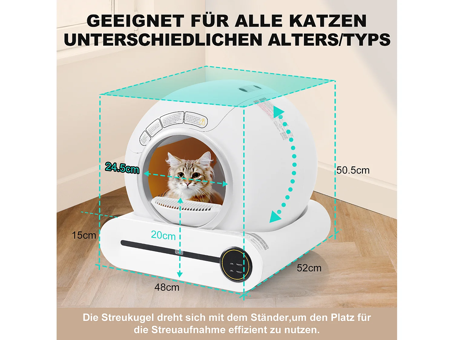 Bac à litière adaptatif autonettoyant pour chat de 65 L Capteur infrarouge, élimine les odeurs, contrôlé par application - Blanc