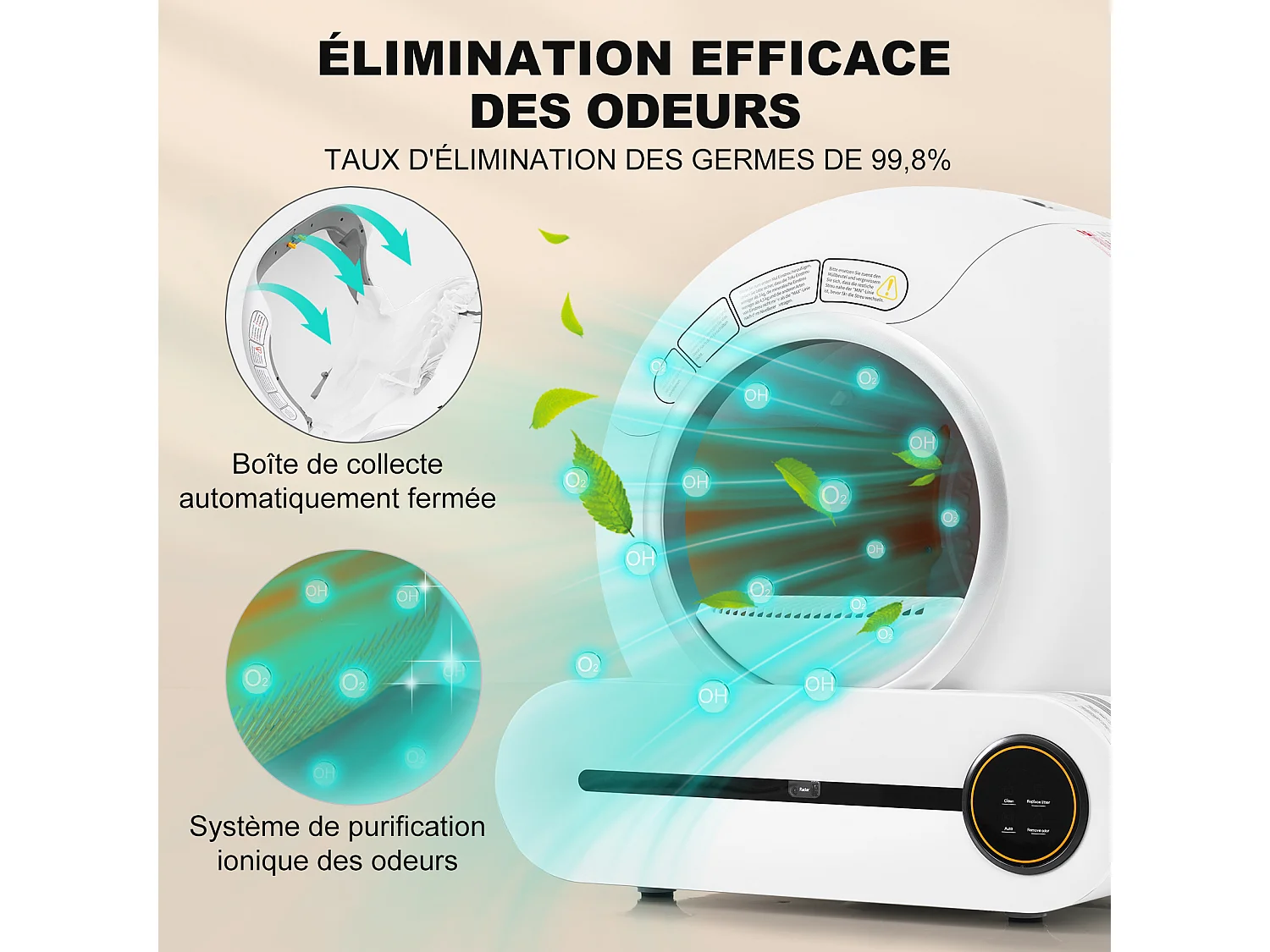 Bac à litière adaptatif autonettoyant pour chat de 65 L Capteur infrarouge, élimine les odeurs, contrôlé par application - Blanc