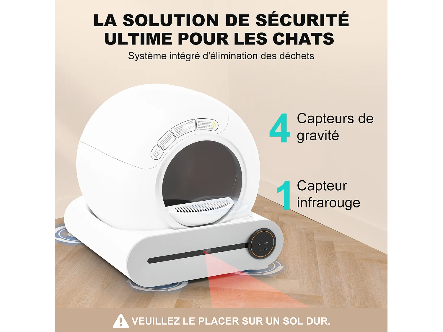 Bac à litière adaptatif autonettoyant pour chat de 65 L Capteur infrarouge, élimine les odeurs, contrôlé par application - Blanc