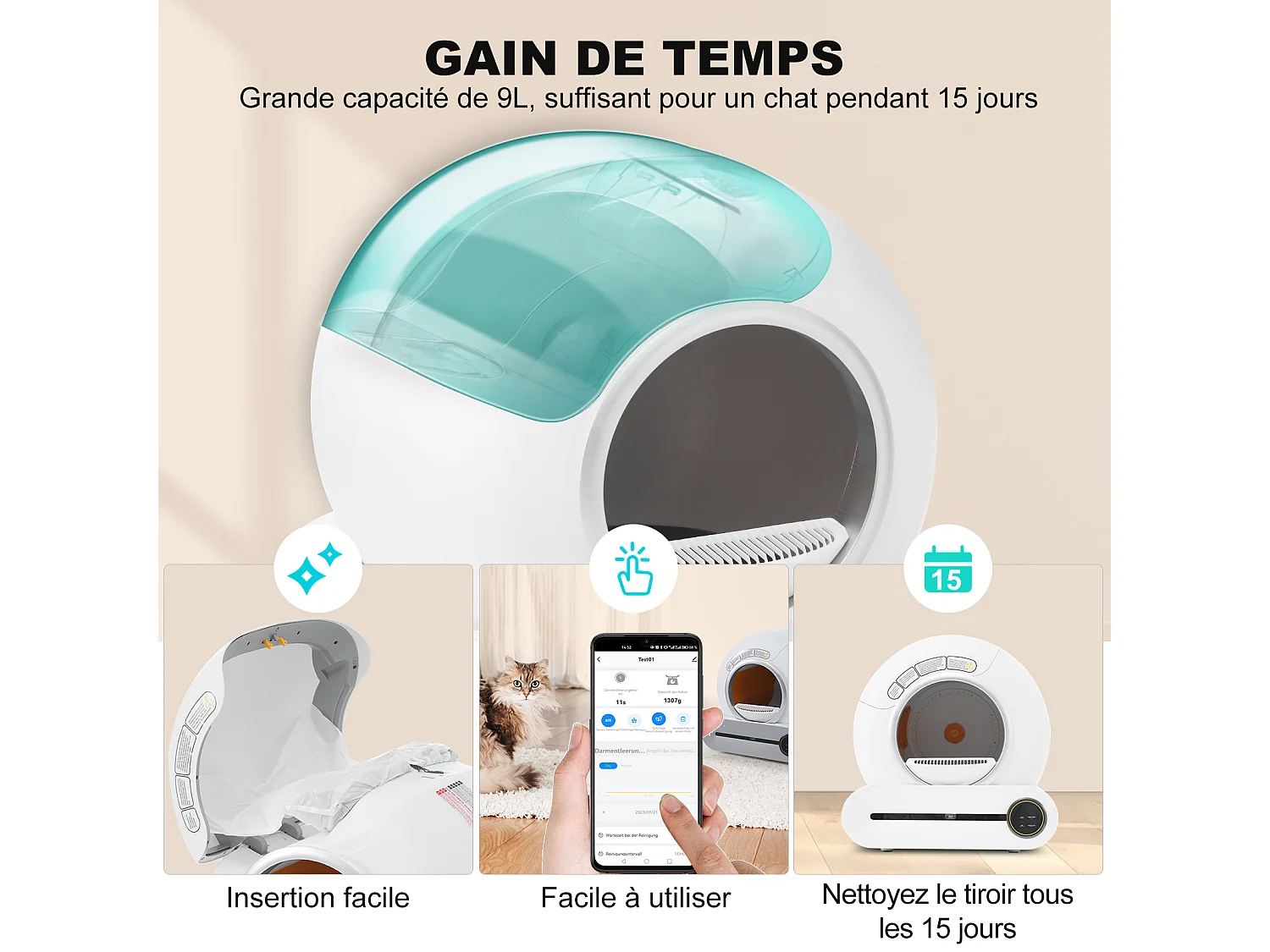 Bac à litière adaptatif autonettoyant pour chat de 65 L Capteur infrarouge, élimine les odeurs, contrôlé par application - Blanc