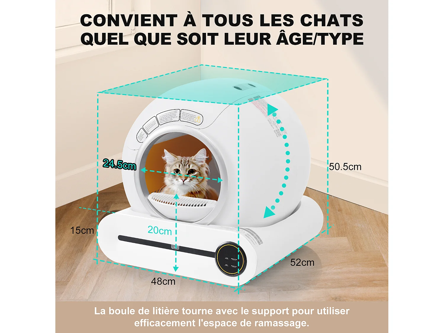 Bac à litière adaptatif autonettoyant pour chat de 65 L Capteur infrarouge, élimine les odeurs, contrôlé par application - Blanc