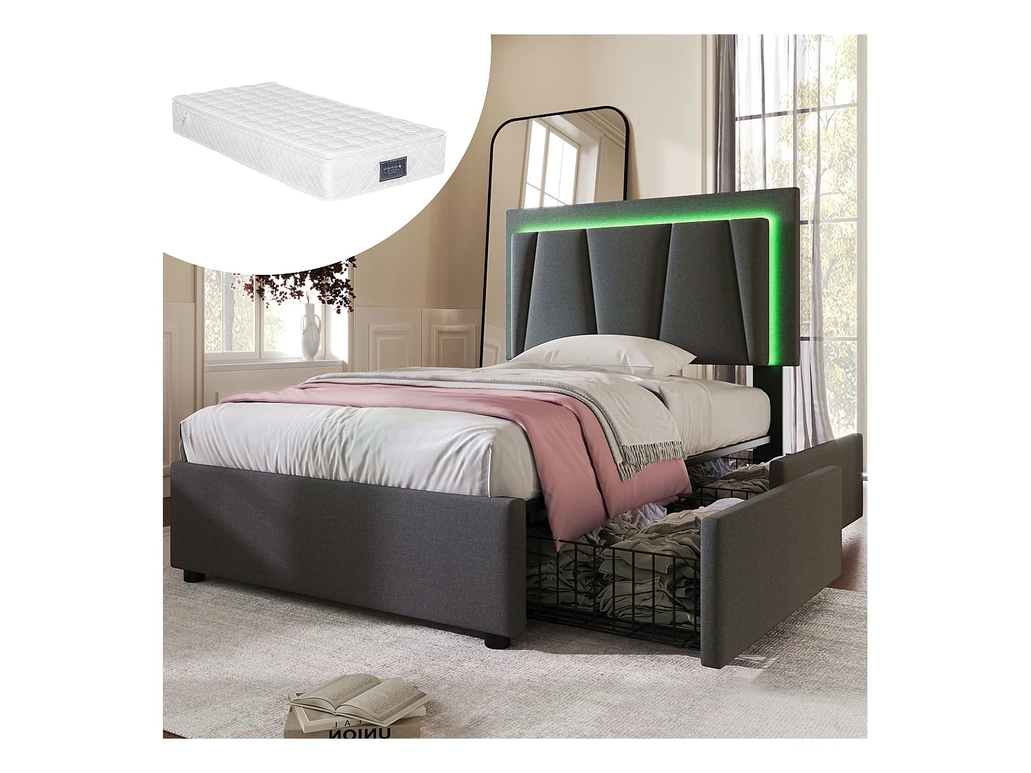 Lit rembourré en bois 90x200 cm avec éclairage LED et 2 tiroirs - Gris(matelas inclus)