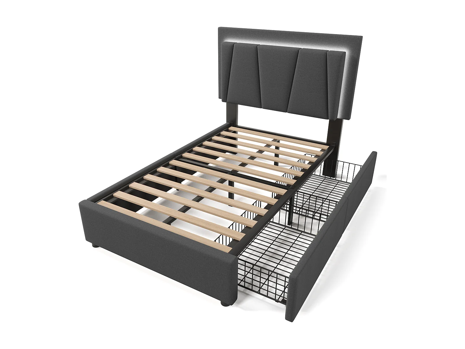 Letto singolo imbottito 90x200 cm - con illuminazione LED e 2 cassetti - Grigio (materasso incluso)