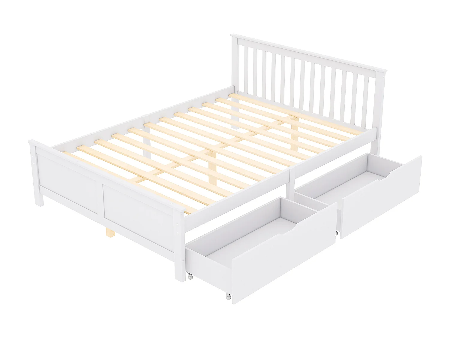 Lit adulte 140x200 cm, lit double avec sommier à lattes en bois et 2 tiroirs, pin - blanc (sans matelas)