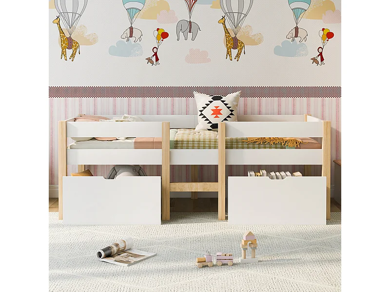 Lit bébé 90x200 cm lit simple avec protection antichute et 2 tiroirs- en bois - blanc - sans matelas