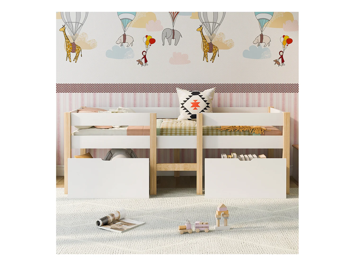 Lit bébé 90x200 cm lit simple avec protection antichute et 2 tiroirs- en bois - blanc - sans matelas