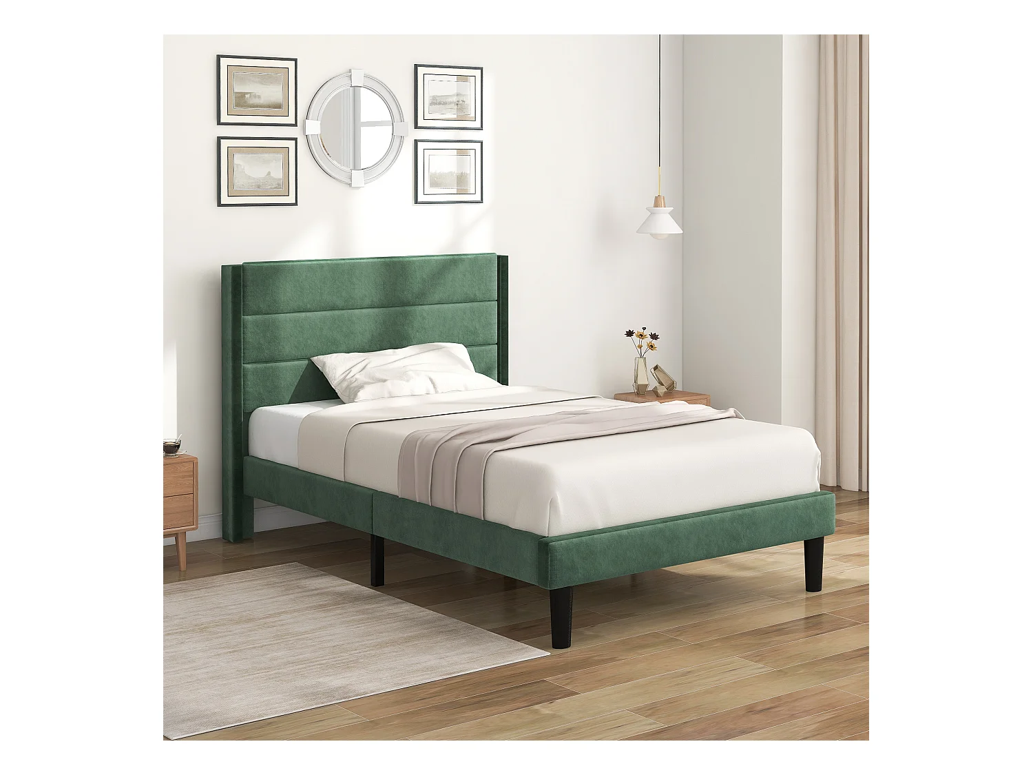 Lit adulte 140x200 cm lit moelleux avec tête de lit capitonné - tissu en velours vert - sans matelas