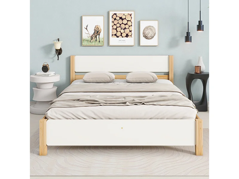 Lit Adulte Double en Pin 140x200 cm Tête et pied de lit en MDF - Blanc et Naturel