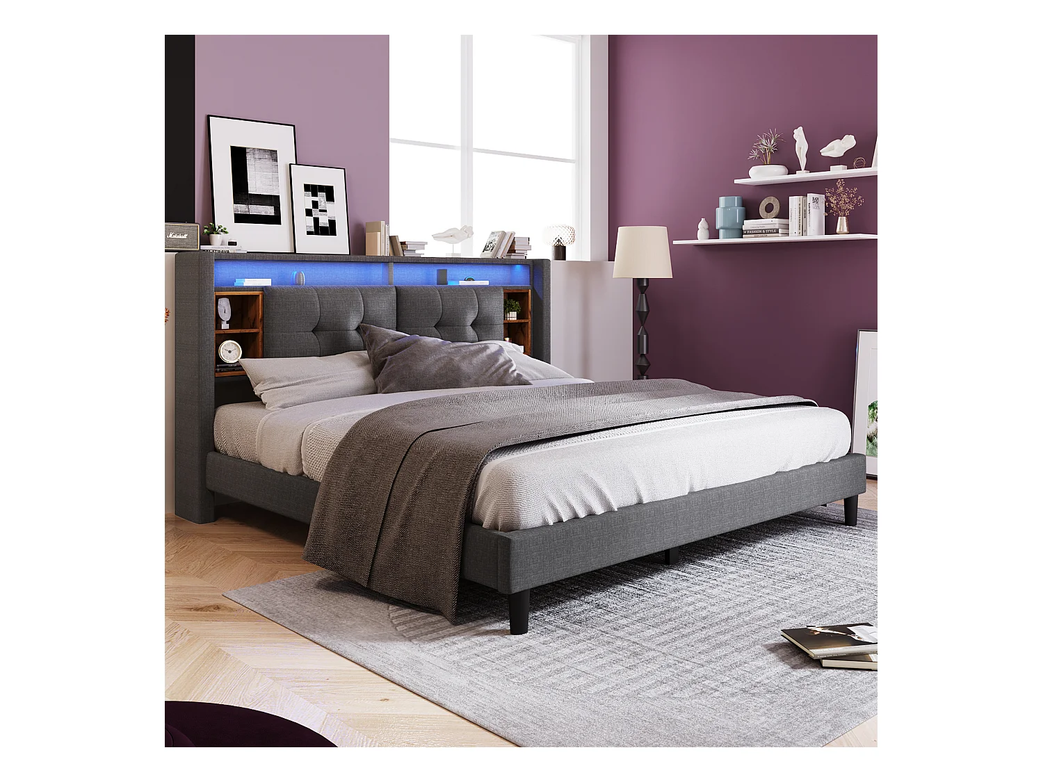 Lit 140 x 200 cm - Lin gris - Lit adulte avec recharge USB et éclairage LED - Sommier à lattes en bois - Sans matelas
