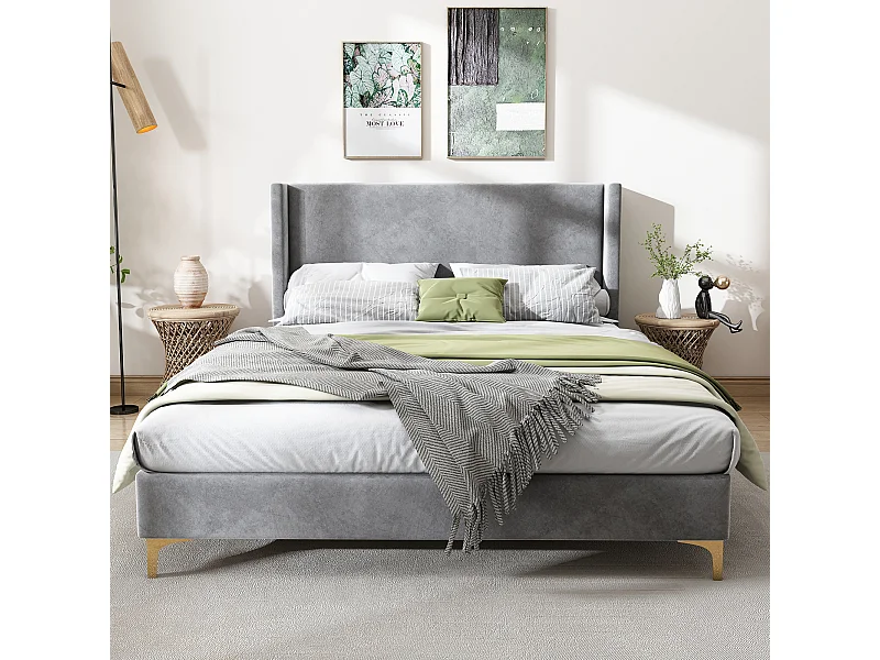 Lit rembourré double 140x200 cm en velours - gris(sans matelas)