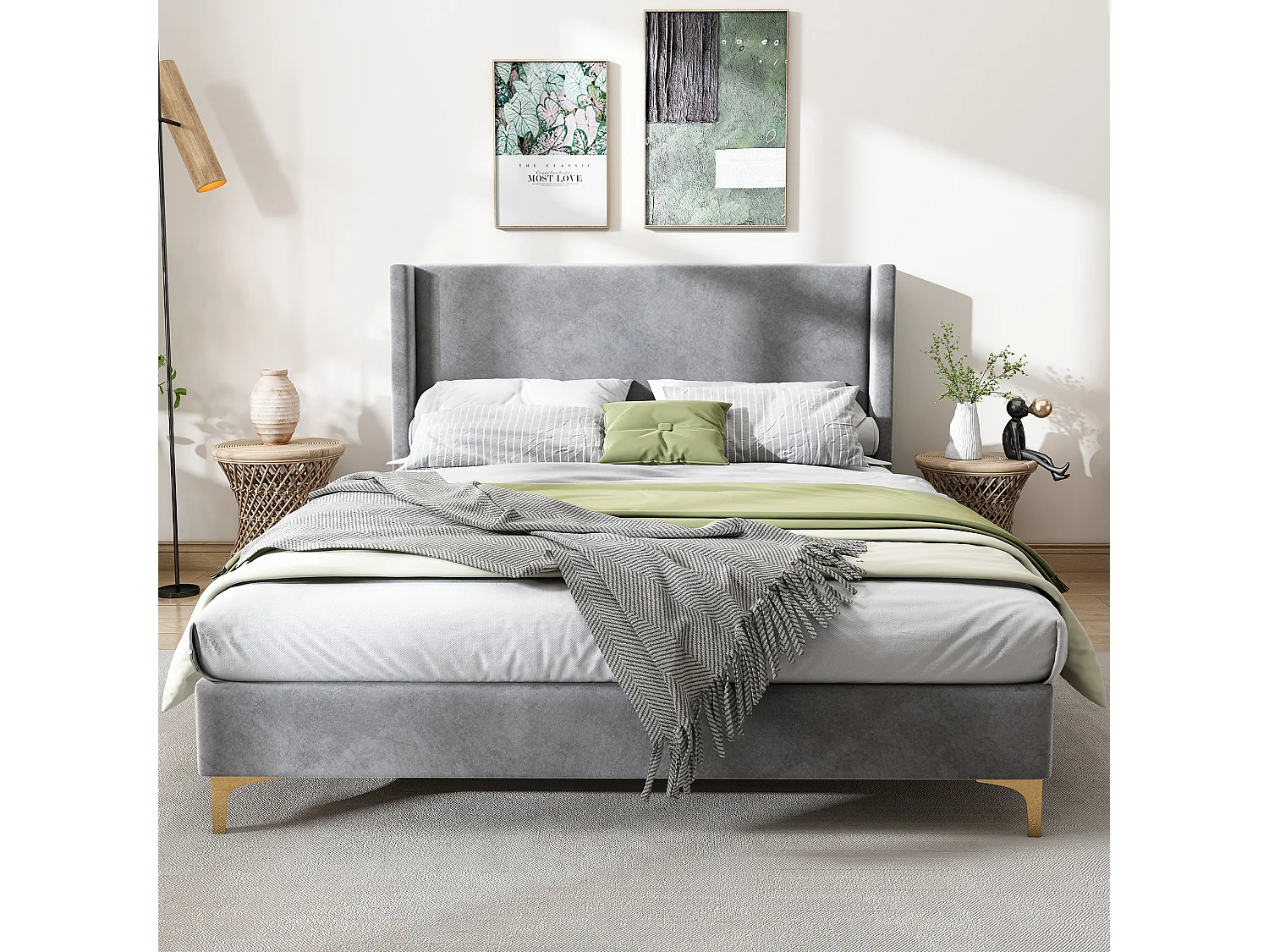 Lit rembourré double 140x200 cm en velours - gris(sans matelas)