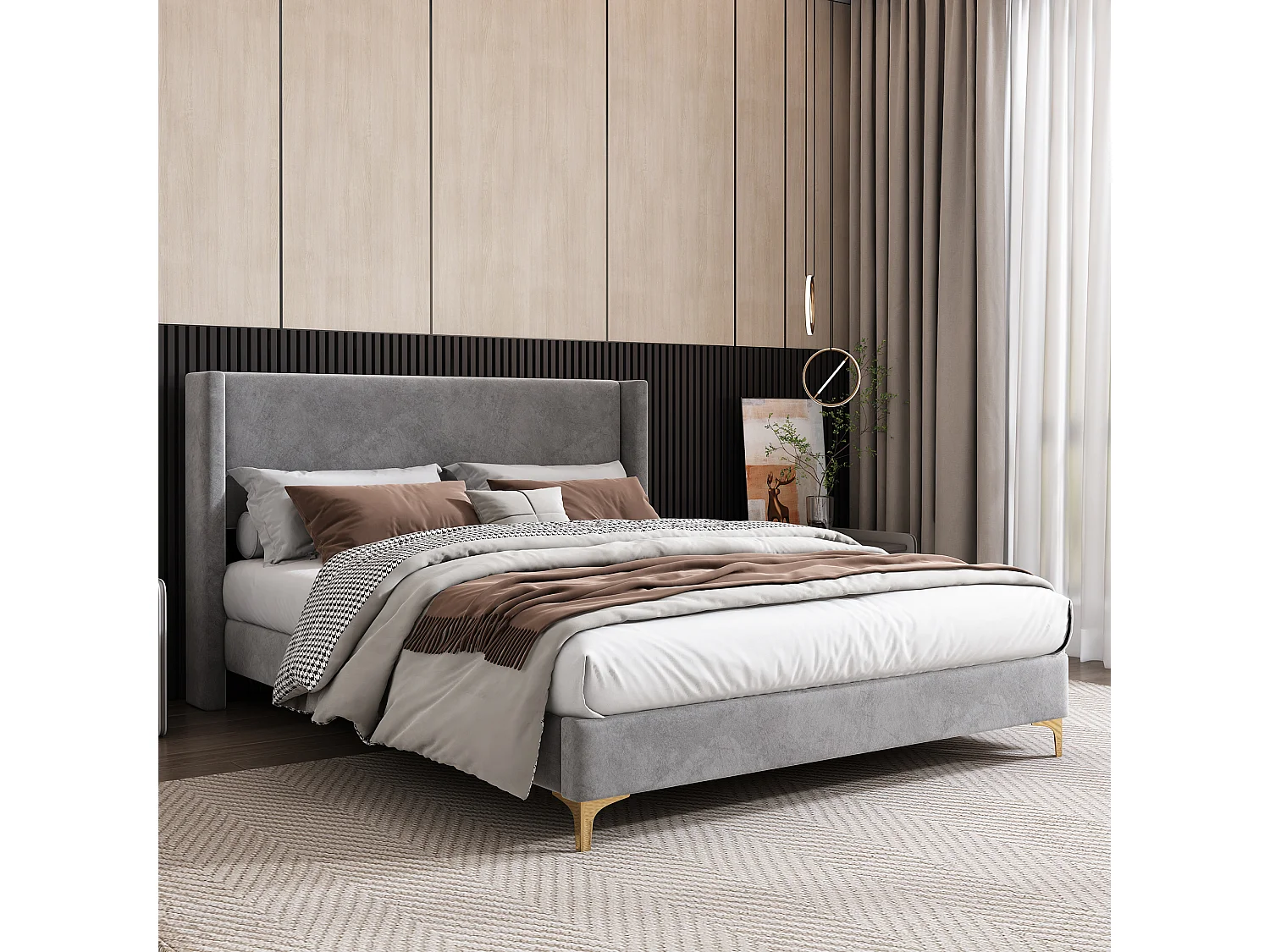 Lit rembourré double 140x200 cm en velours - gris(sans matelas)