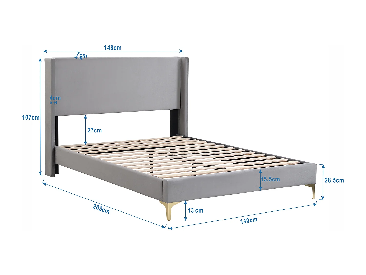 Lit rembourré double 140x200 cm en velours - gris(sans matelas)