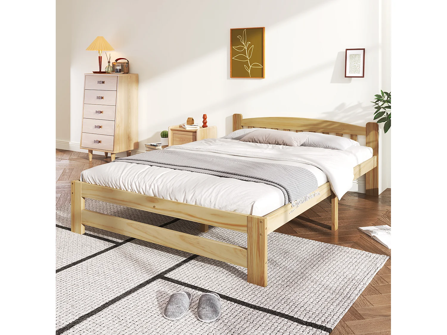 Lit adulte double en Bois et Futon 140x200 cm Tête de Lit et Sommier à Lattes - Naturel