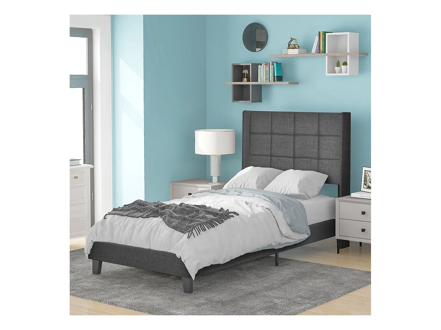 Lit simple 90x200 cm lit enfant avec sommier à lattes - tissu en lin Gris - sans matelas