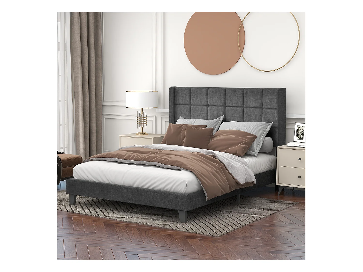 Lit adulte 140x200 cm lit double avec sommier à lattes - tissu en lin Gris - sans matelas