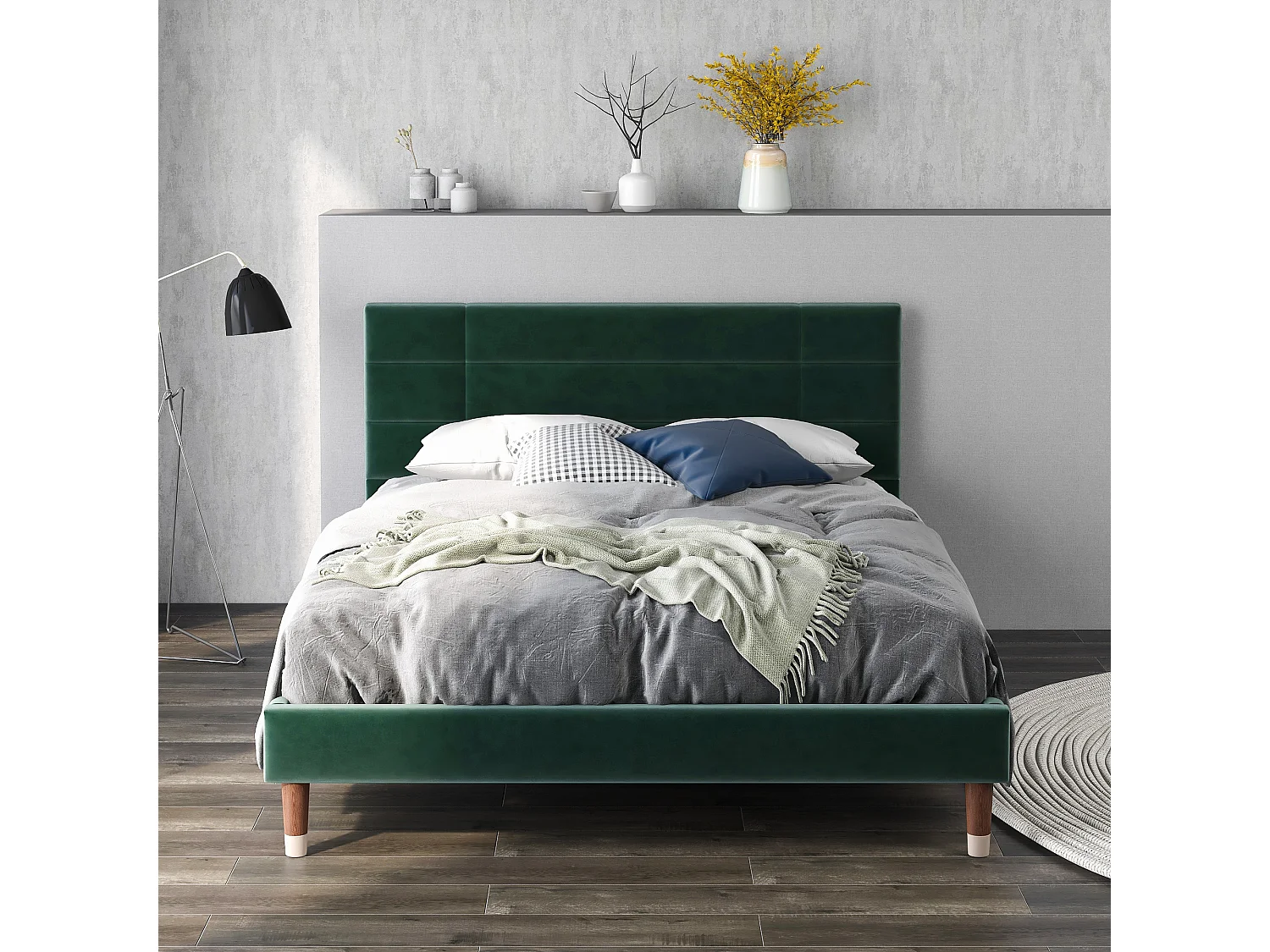 Lit adulte 140x200 cm lit double avec tête de lit capitonné - tissu en velours vert - sans matelas