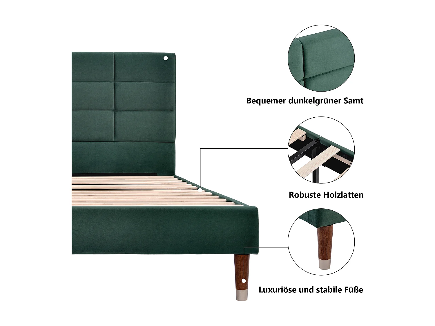 Lit adulte 140x200 cm lit double avec tête de lit capitonné - tissu en velours vert - sans matelas