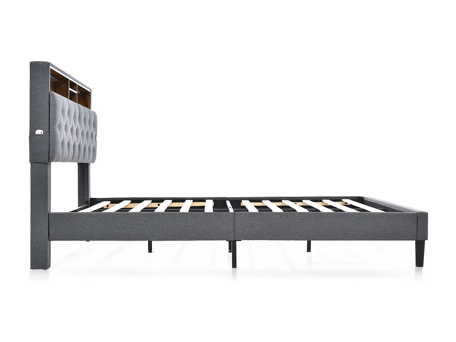 Lit Capitonné 140x200 cm avec USB, LED et tête de lit coffre - Gris(matelas inclus)