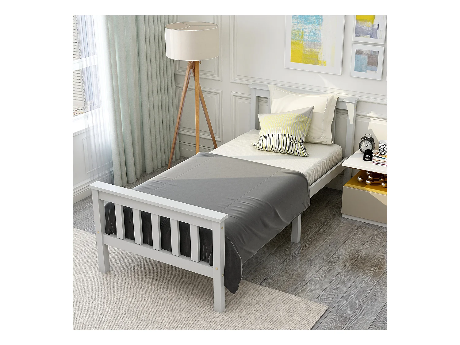 Lit Simple en bois 90x200 cm - avec cadre de lit et sommier à lattes - blanc