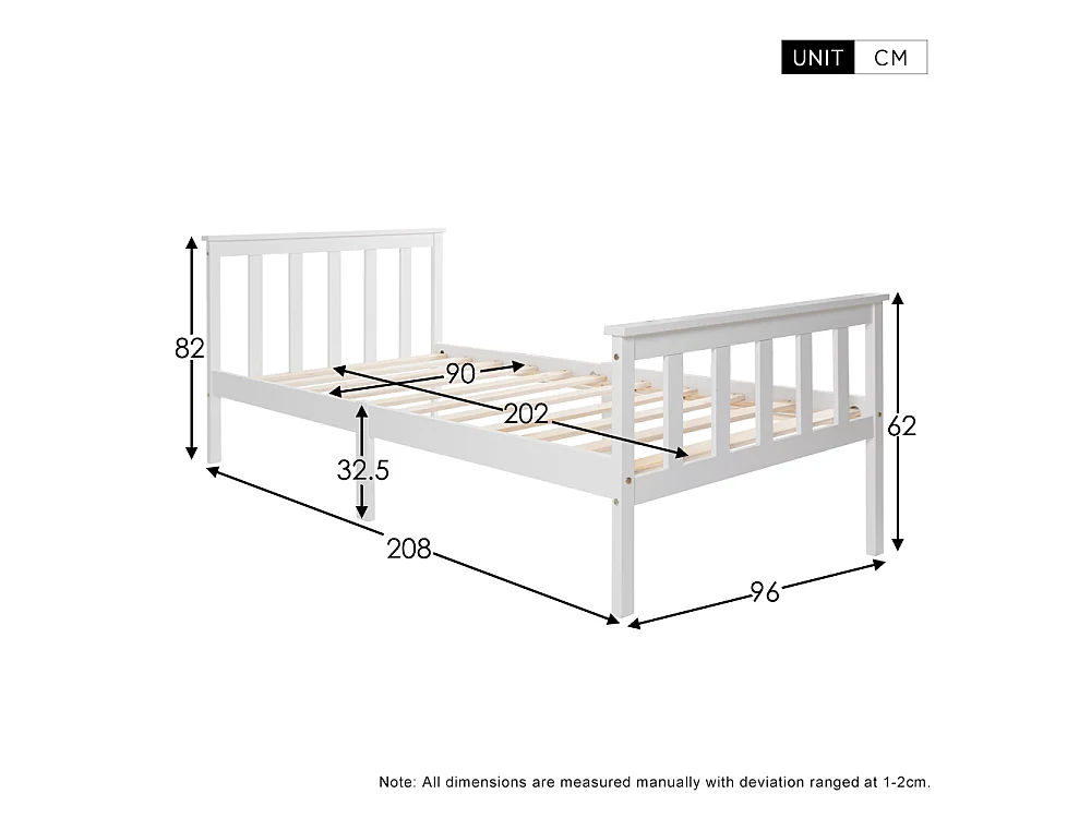 Lit Simple en bois 90x200 cm - avec cadre de lit et sommier à lattes - blanc