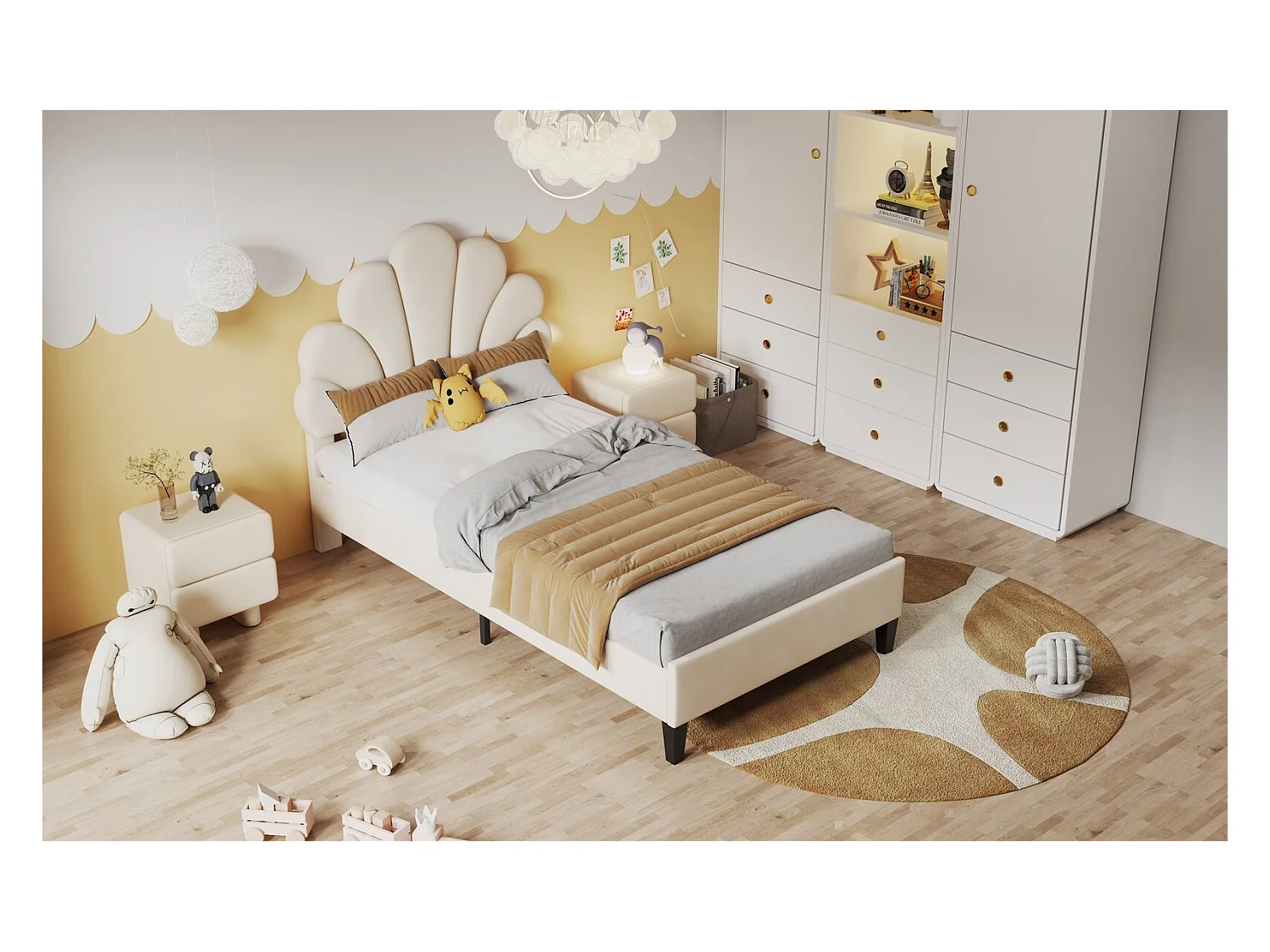 Lit enfant 90x200 cm lit simple avec tête de lit en forme de fleur - velours beige - sans matelas