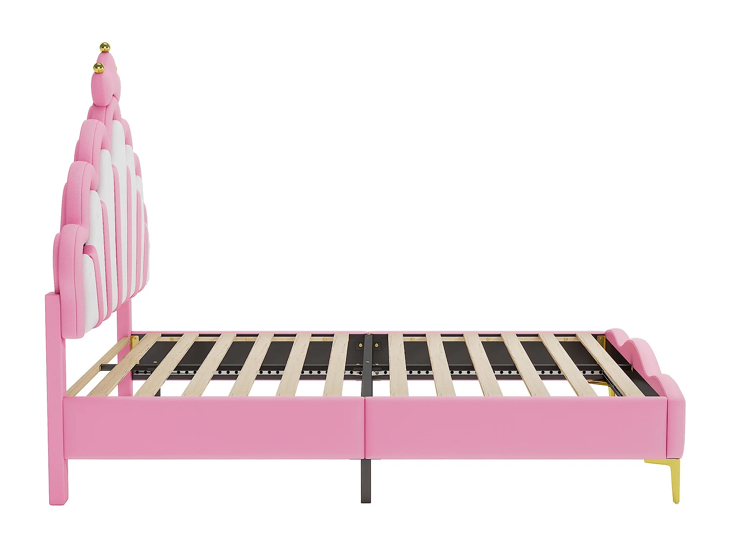 Lit  140x200 cm en cuir PU coussin lit princesse en forme de couronne avec LED - rose