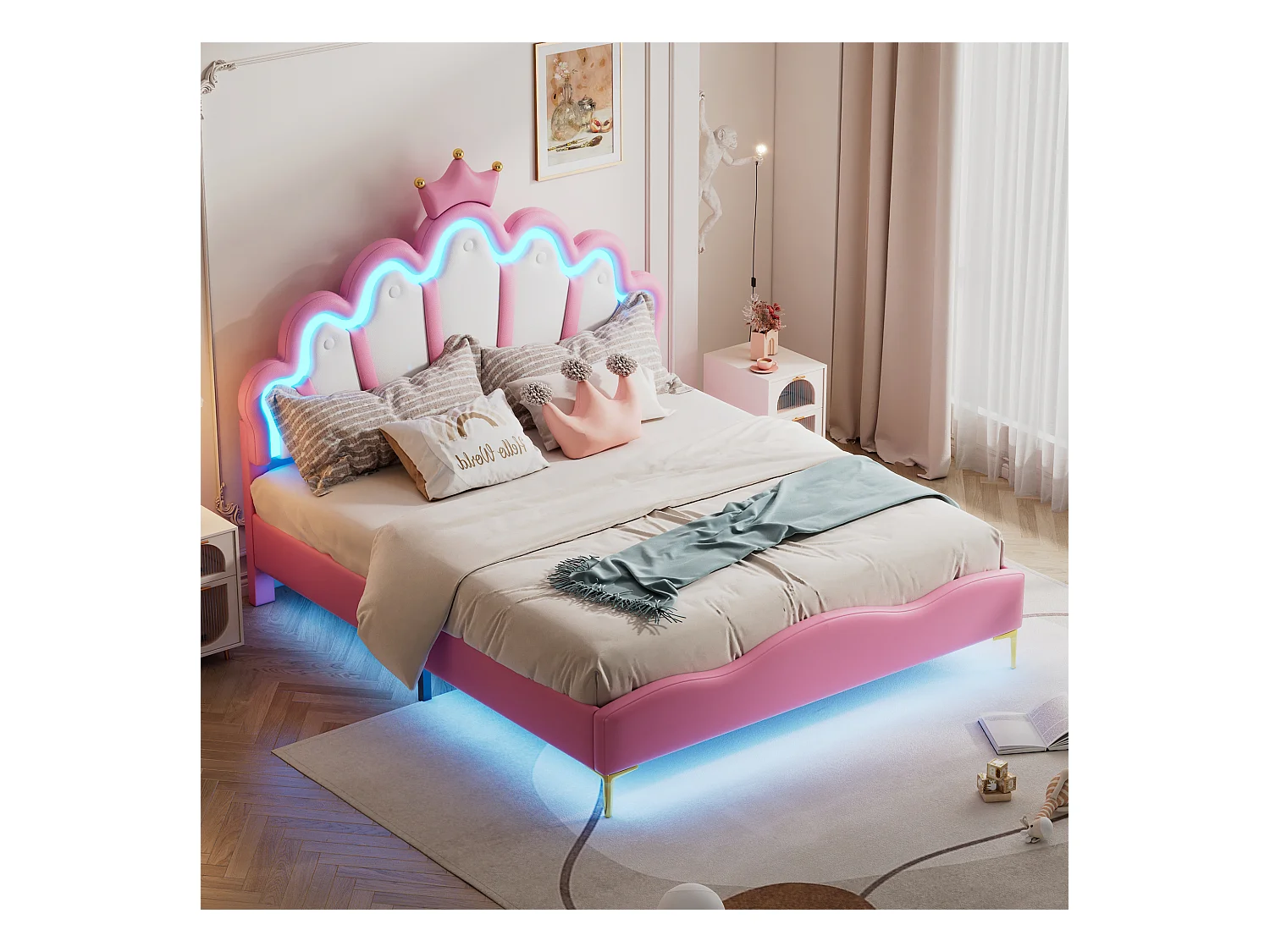 Lit  140x200 cm en cuir PU coussin lit princesse en forme de couronne avec LED - rose