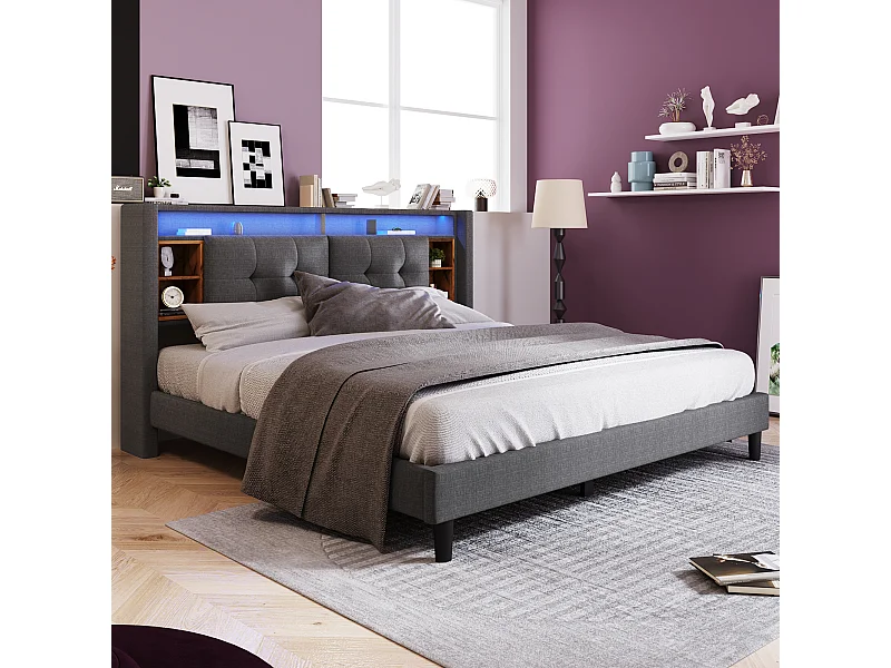 Bed 160x200 cm - Grijs linnen - Gestoffeerd bed met USB-oplader en ledverlichting - Houten lattenbodem - Zonder matras