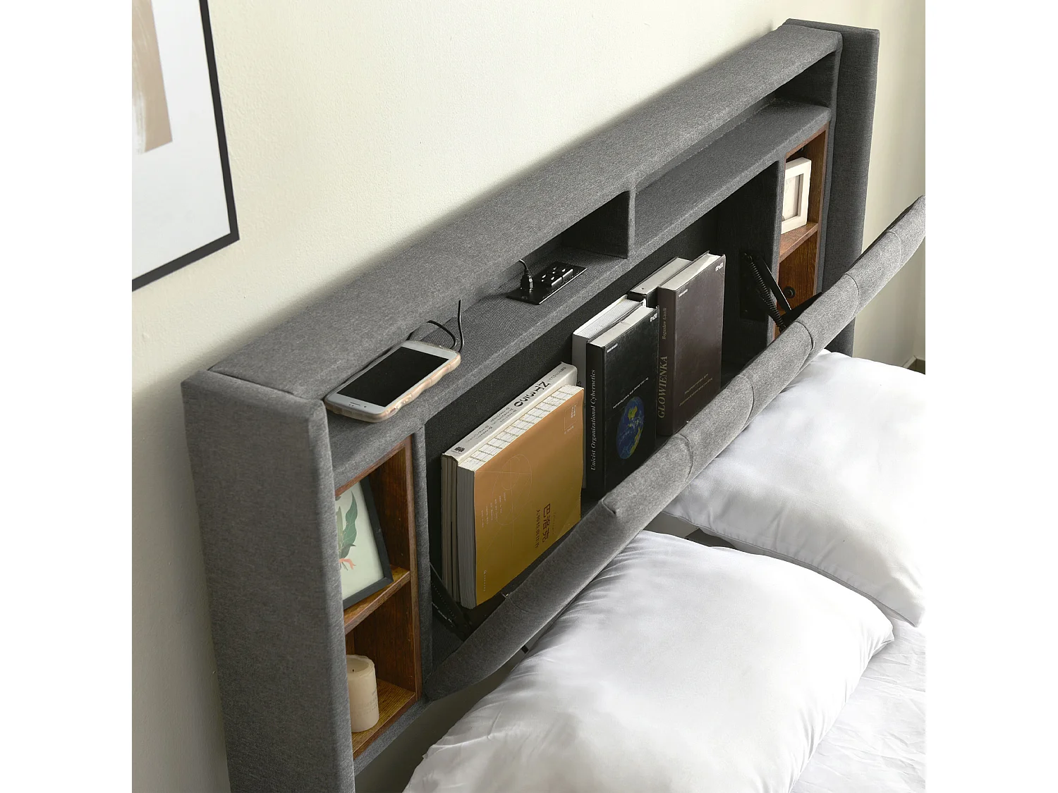 Bett 160 x 200 cm - Graues Leinen - Polsterbett mit USB-Ladefunktion und LED-Beleuchtung - Holzlattenrost - Ohne Matratze