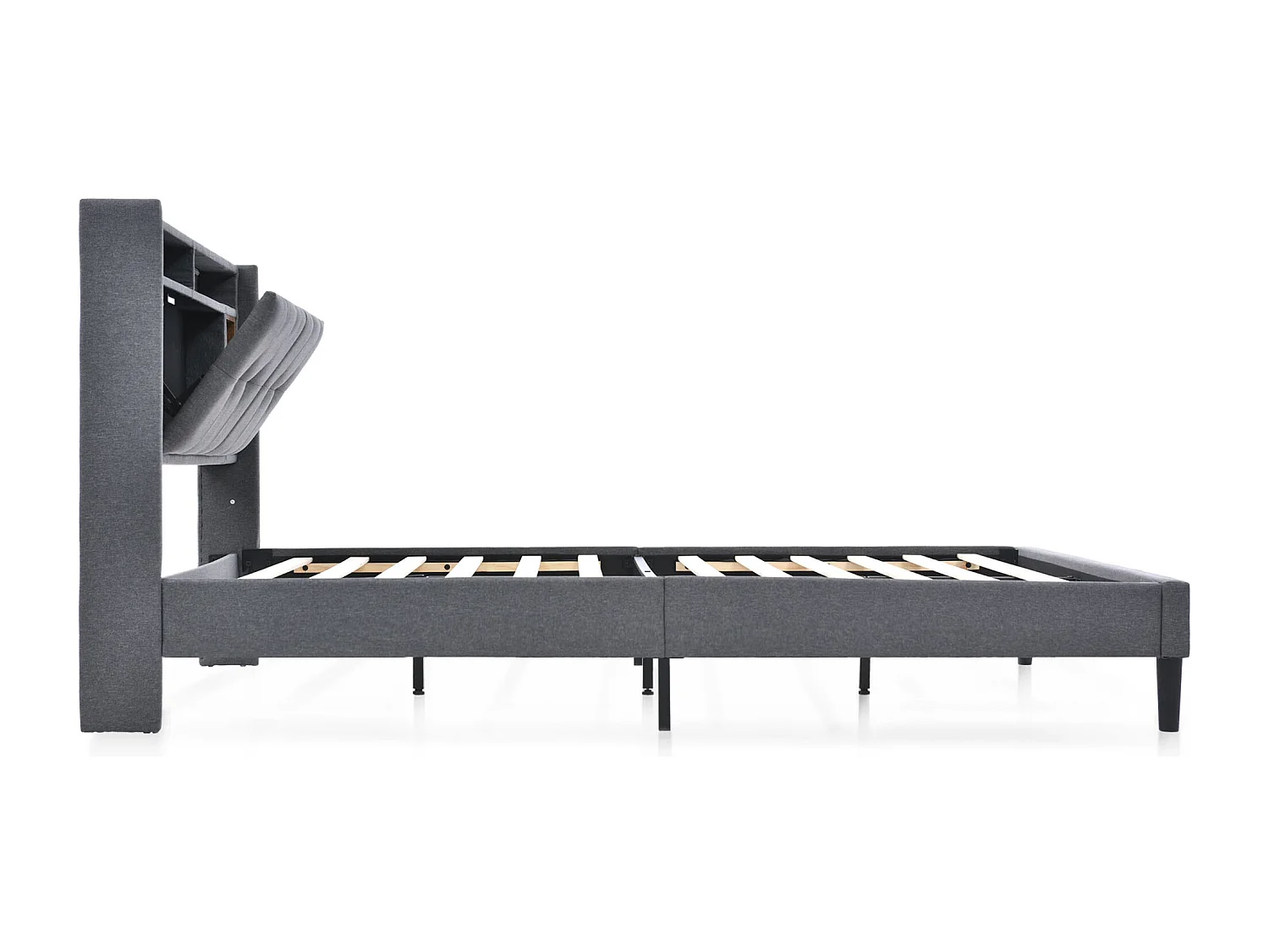 Lit 160 x 200 cm - Lin gris - Lit Capitonné avec recharge USB et éclairage LED - Sommier à lattes en bois - Sans matelas