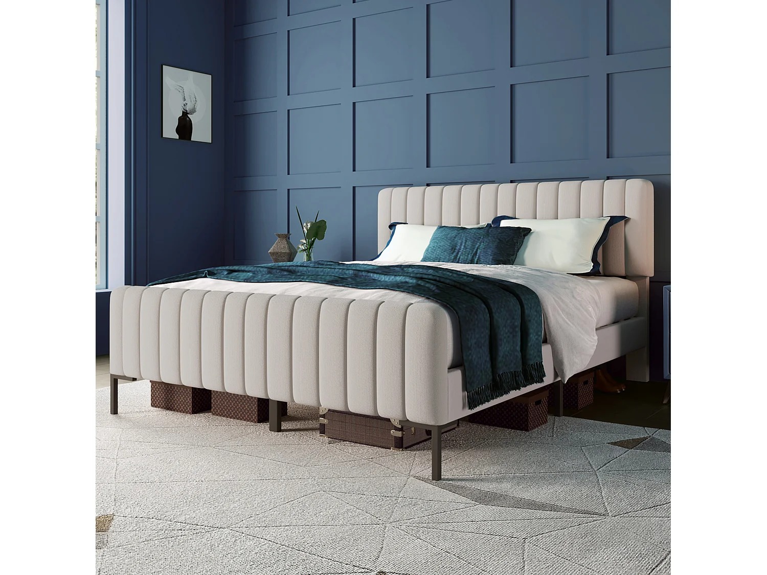 Bett 160 x 200 cm - Beigegraues Leinen - Polsterbett mit verstellbarem Kopfteil und Lattenrost - ohne Matratze