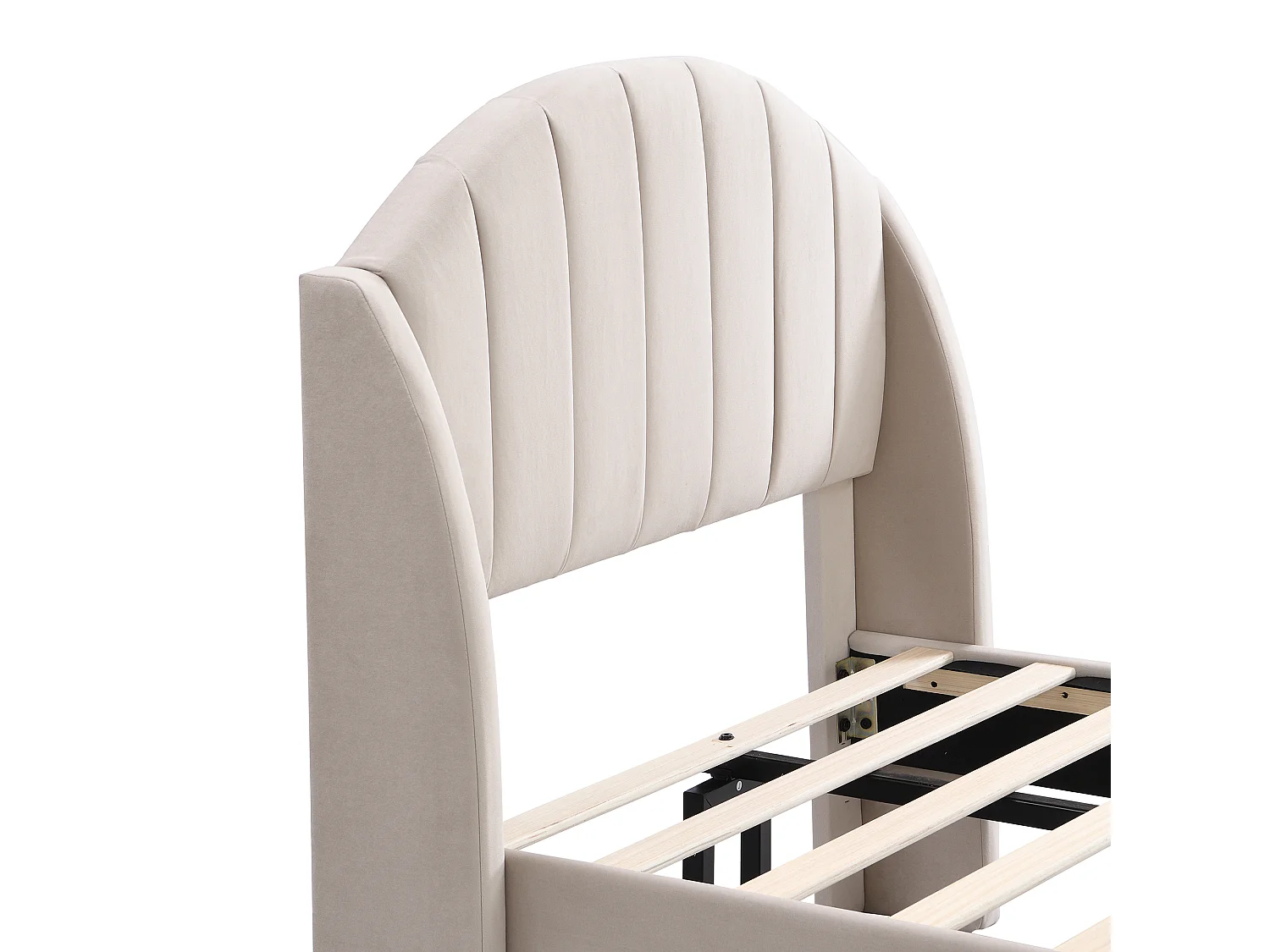 Lit simple 90x200 cm lit enfant avec pieds en bois - tissu en velours beige - sans matelas