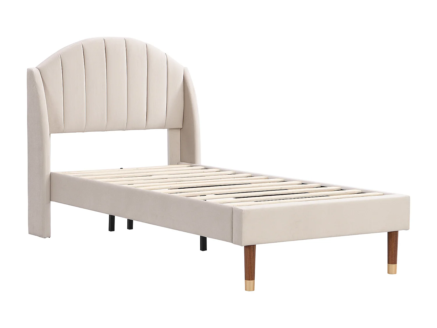 Lit simple 90x200 cm lit enfant avec pieds en bois - tissu en velours beige - sans matelas