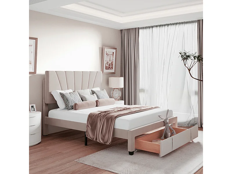 Lit capitonné 140x200 cm Tissu Velours avec dossier et tiroir en - Beige(sans matelas)