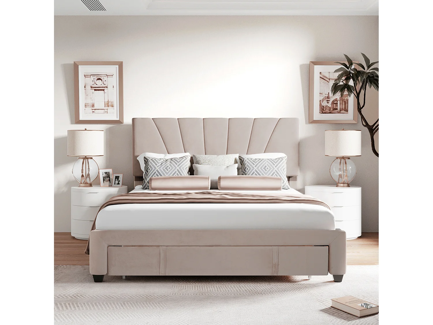 Lit capitonné 140x200 cm Tissu Velours avec dossier et tiroir en - Beige(sans matelas)