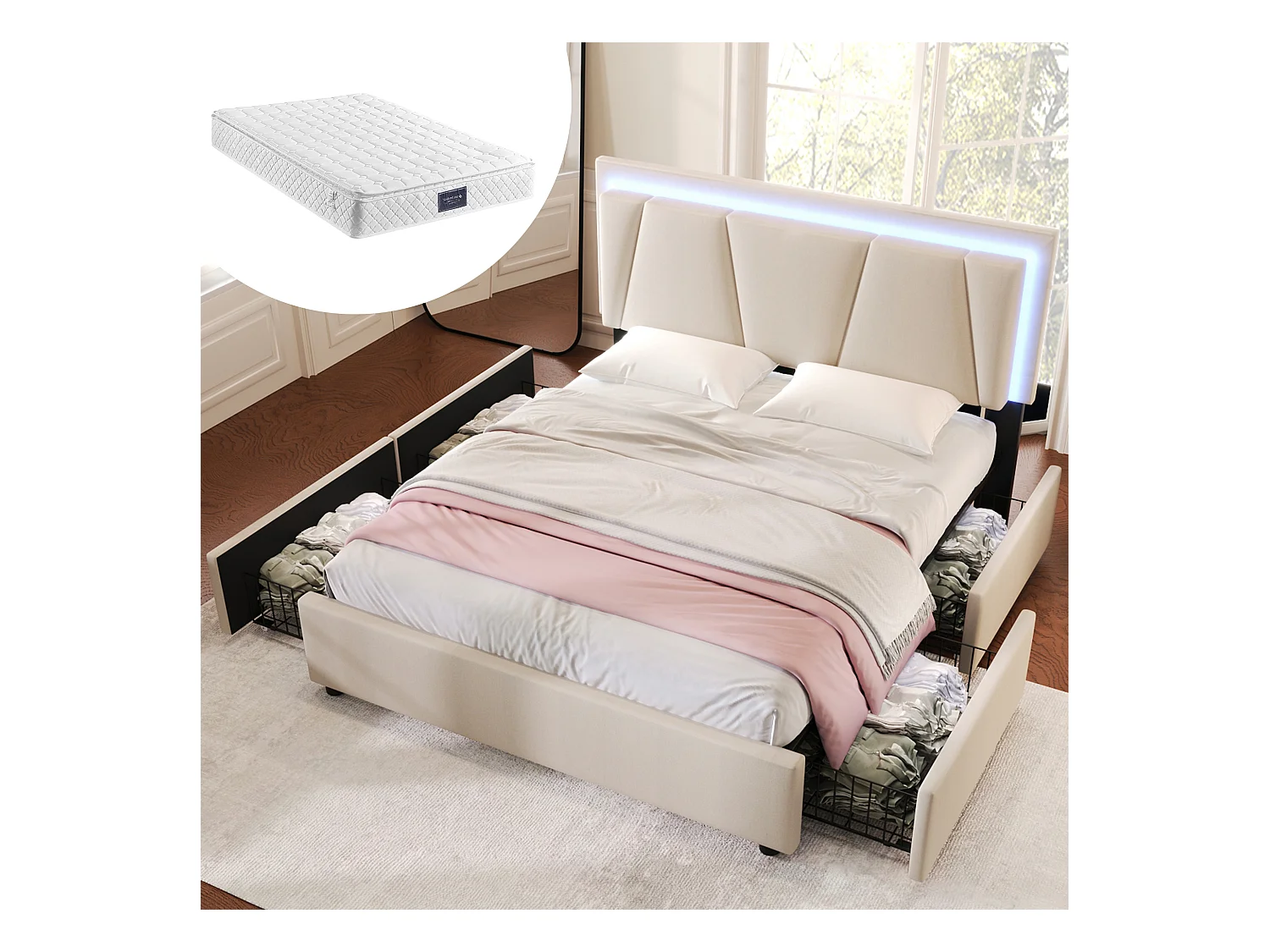 Lit 160x200 cm, lin beige, Lit double avec 4 tiroirs et tête de lit réglable, éclairage LED, avec matelas
