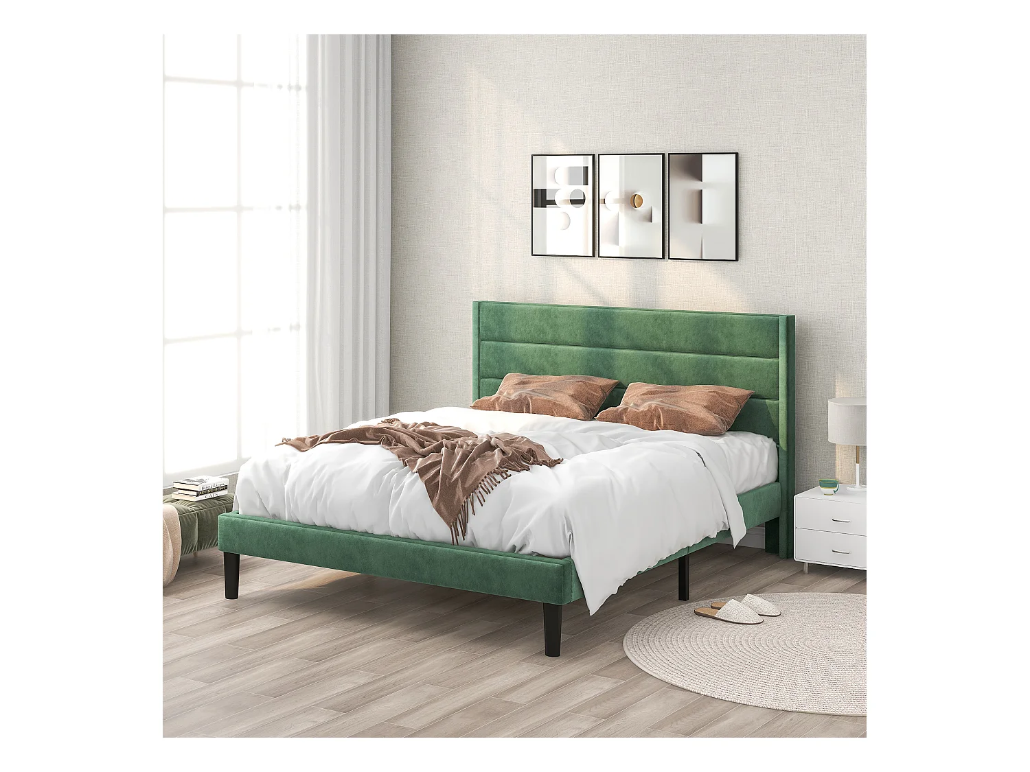 Lit adulte 140x200 cm lit moelleux avec tête de lit capitonné - tissu en velours vert - sans matelas