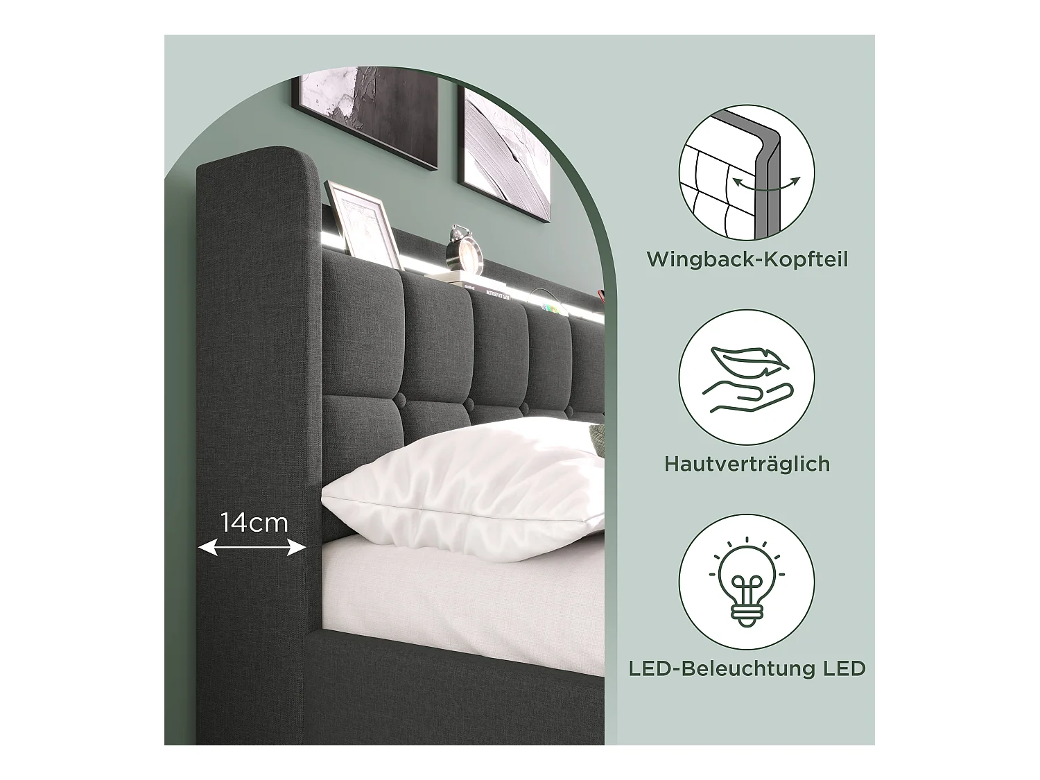 Bett 140 x 200 cm – graues Leinen – Jugendbett mit LED-Beleuchtung und USB-Ladefunktion – 4 Schubladen – ohne Matratze