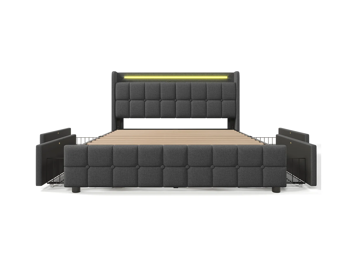 Bett 140 x 200 cm – graues Leinen – Jugendbett mit LED-Beleuchtung und USB-Ladefunktion – 4 Schubladen – ohne Matratze