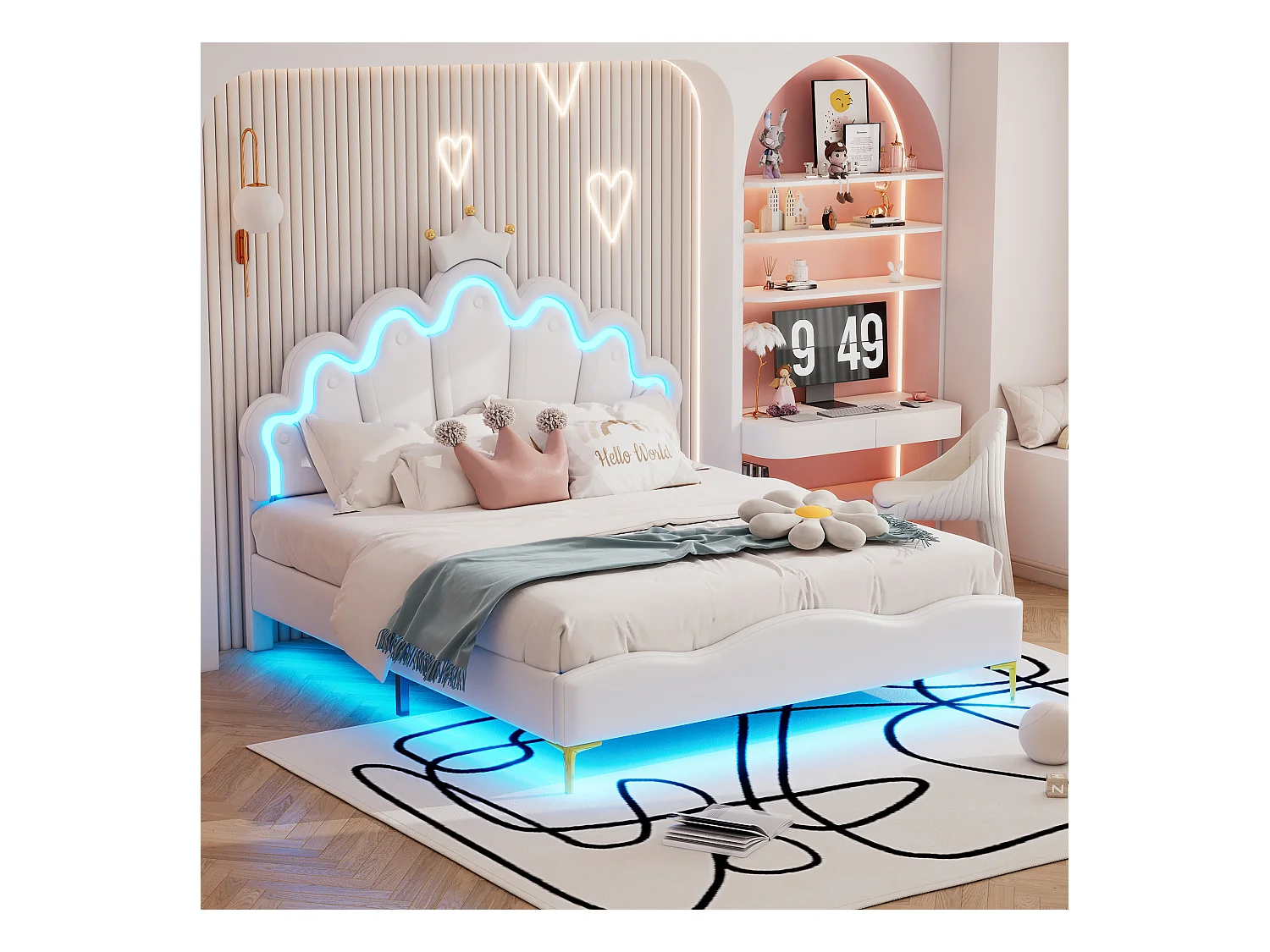 Lit enfant 140 x 200 cm - similicuir blanc - avec bande lumineuse LED d'ambiance réglable - sans matelas