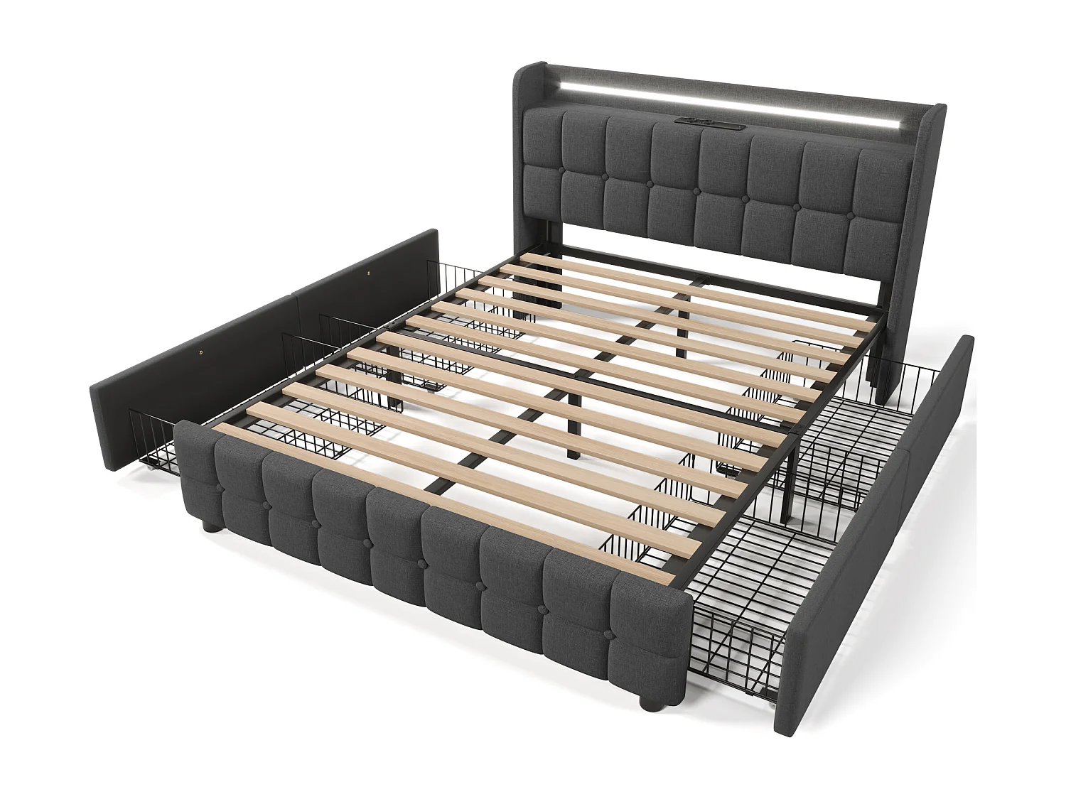 Lit rembourré 160x200 cm avec USB, LED et 4 tiroirs - en Bois - Gris(matelas inclus)