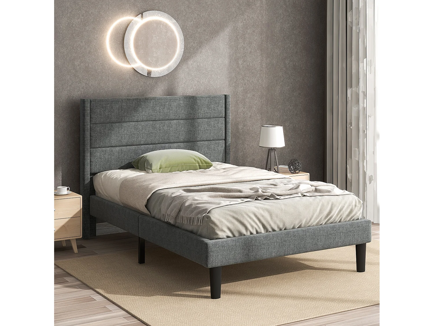 Bett 90 x 200 cm – dunkelgraues Leinen – Einzelbett mit Lattenrost und Kopfteil – Matratze nicht inklusive