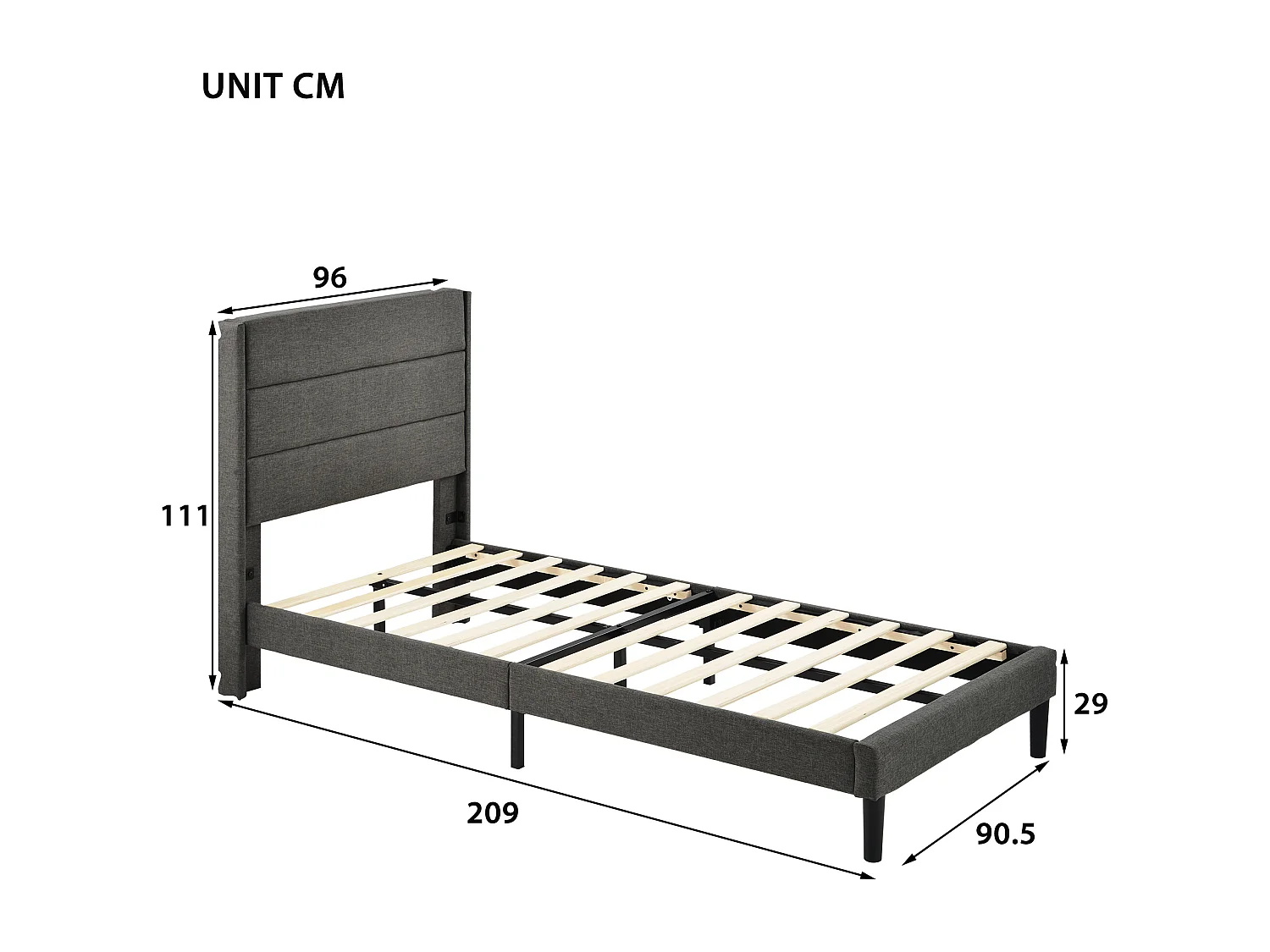 Bett 90 x 200 cm – dunkelgraues Leinen – Einzelbett mit Lattenrost und Kopfteil – Matratze nicht inklusive